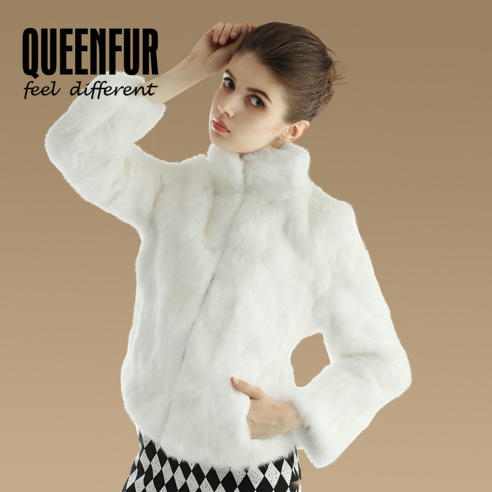 Elegant Genuine Natural Rabbit Fur Coat Women Short Winter Warm Stand Collar Fur Outwear - White