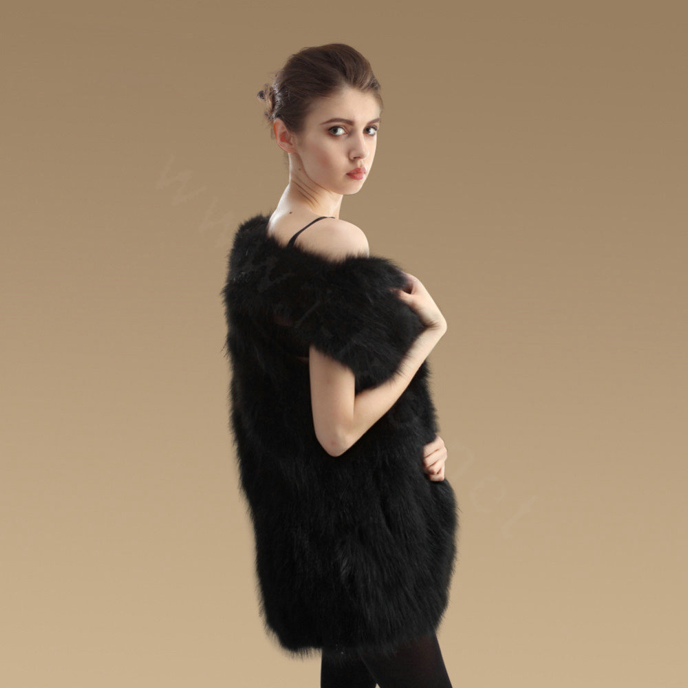 Elegant Genuine Real Raccoon Fur Vest Fashion Women Medium-long With Belt Fur Waistcoat - Black