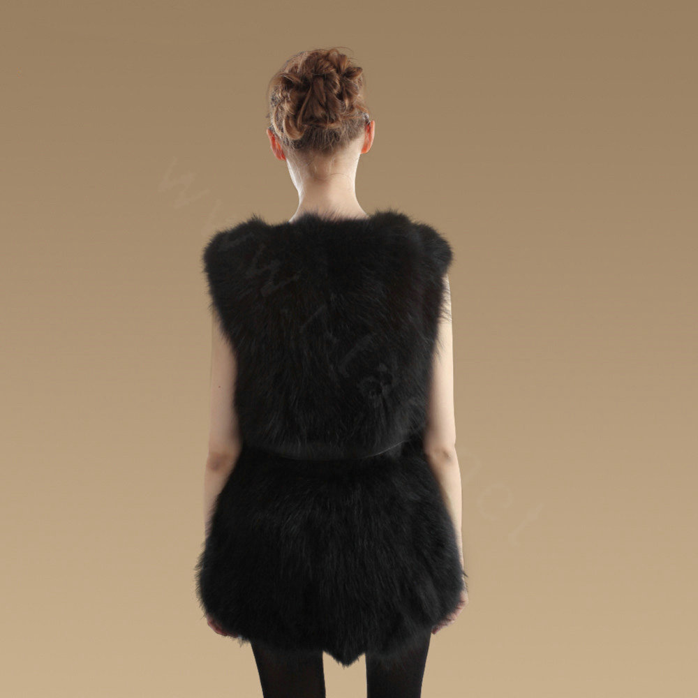 Elegant Genuine Real Raccoon Fur Vest Fashion Women Medium-long With Belt Fur Waistcoat - Black