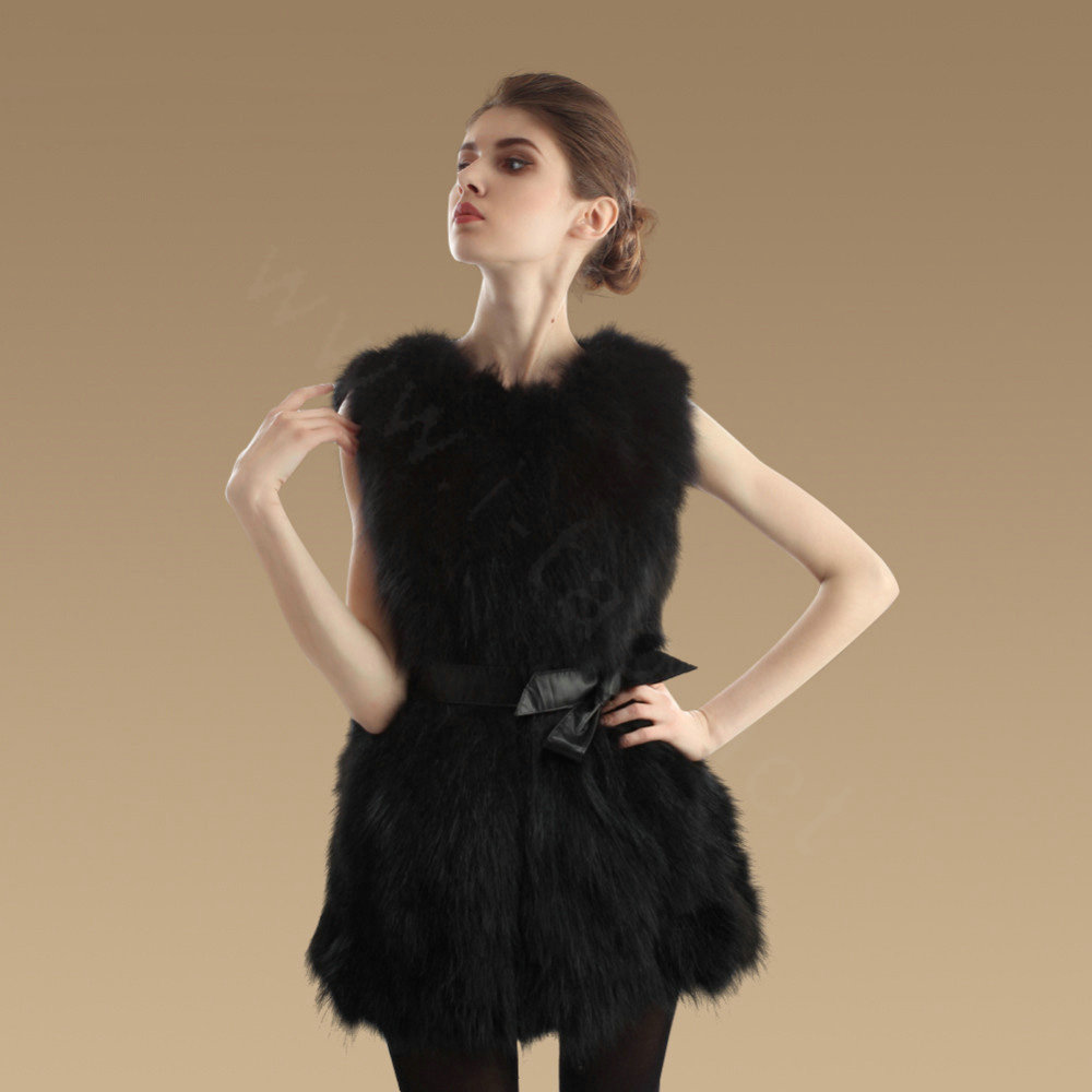 Elegant Genuine Real Raccoon Fur Vest Fashion Women Medium-long With Belt Fur Waistcoat - Black