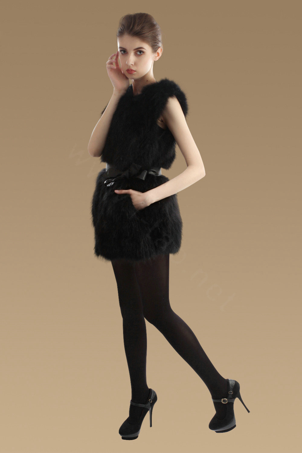 Elegant Genuine Real Raccoon Fur Vest Fashion Women Medium-long With Belt Fur Waistcoat - Black