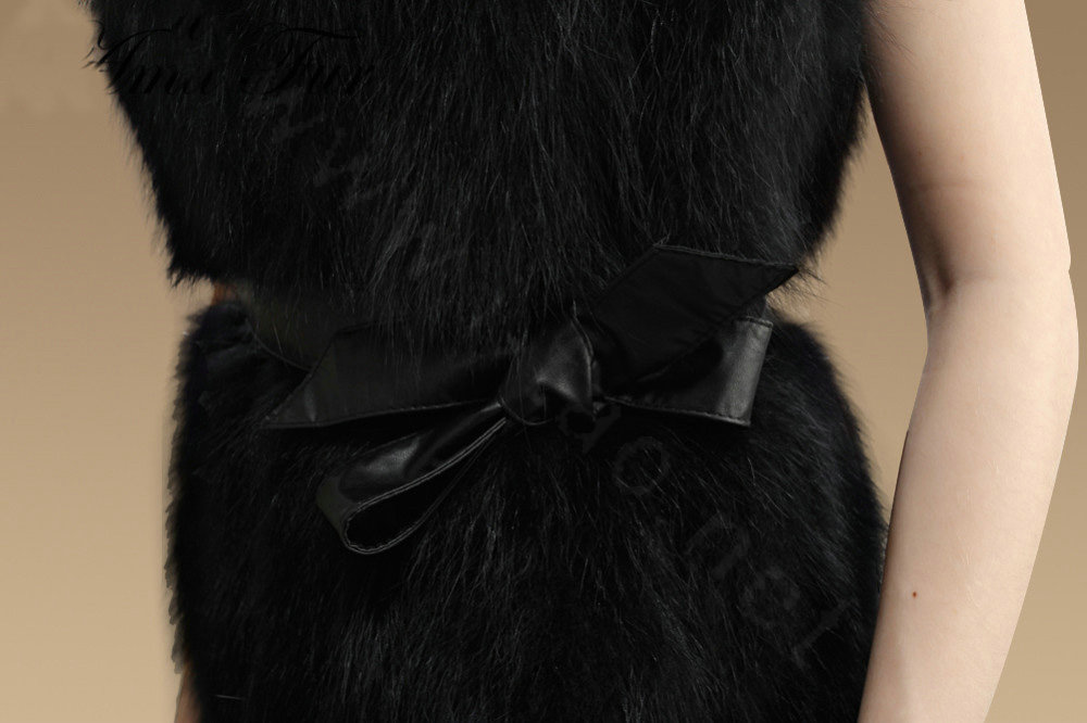 Elegant Genuine Real Raccoon Fur Vest Fashion Women Medium-long With Belt Fur Waistcoat - Black