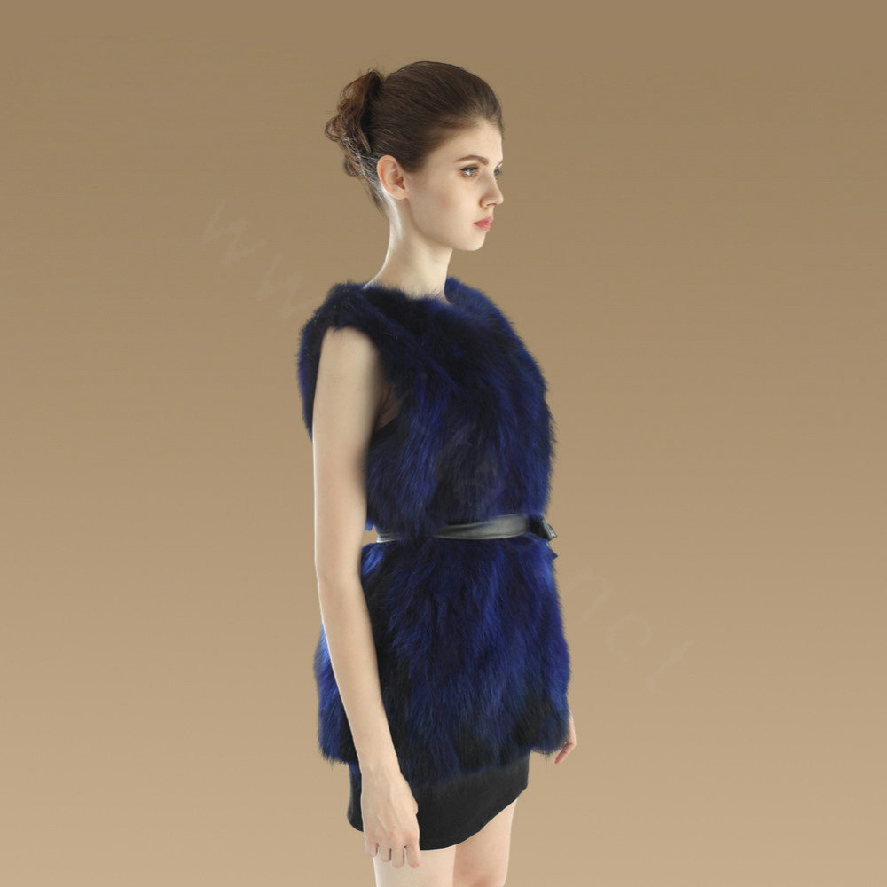 Elegant Genuine Real Raccoon Fur Vest Fashion Women Medium-long With Belt Fur Waistcoat - Blue
