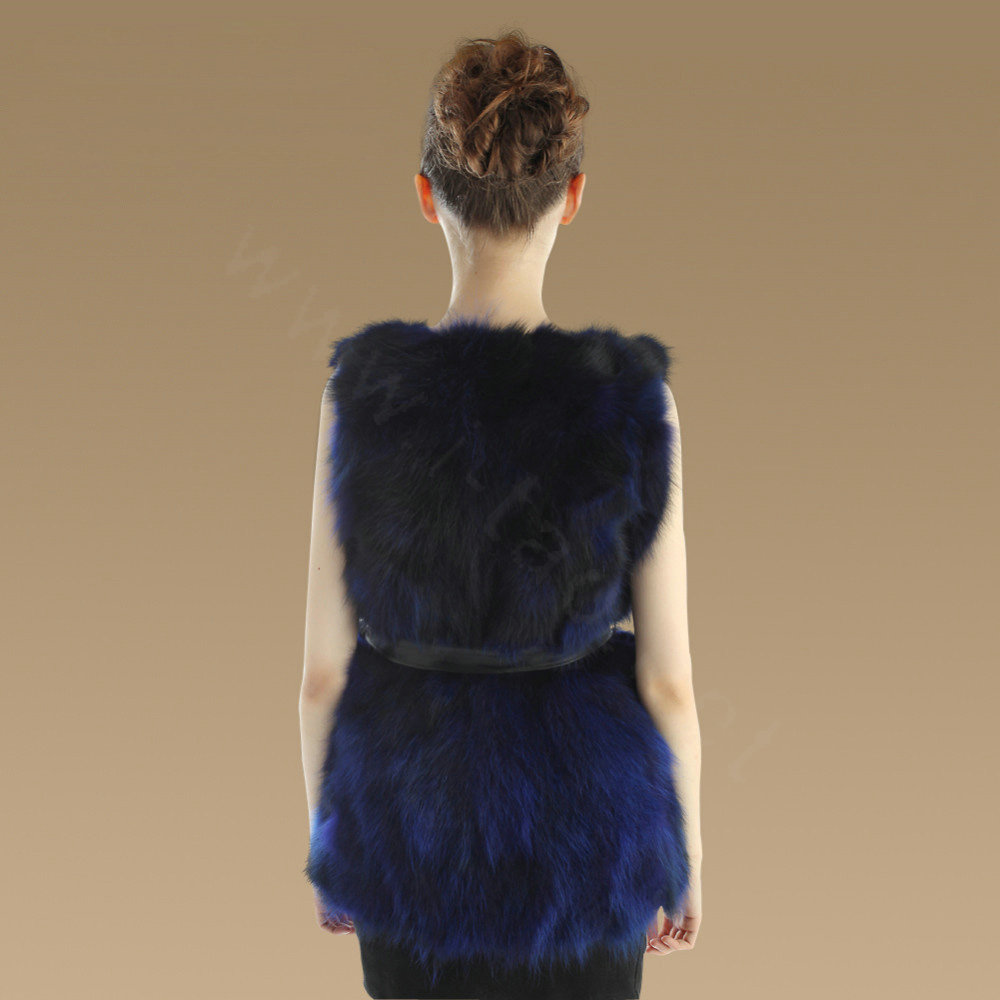 Elegant Genuine Real Raccoon Fur Vest Fashion Women Medium-long With Belt Fur Waistcoat - Blue