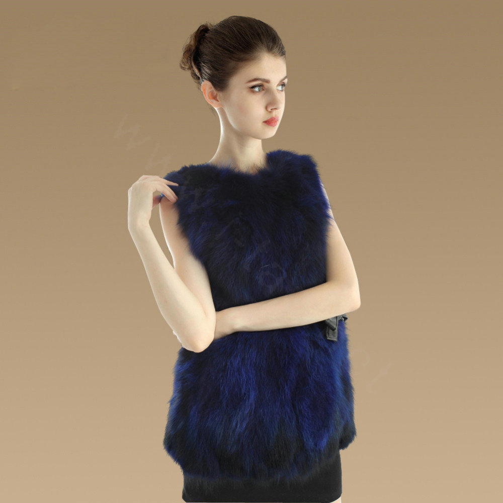 Elegant Genuine Real Raccoon Fur Vest Fashion Women Medium-long With Belt Fur Waistcoat - Blue