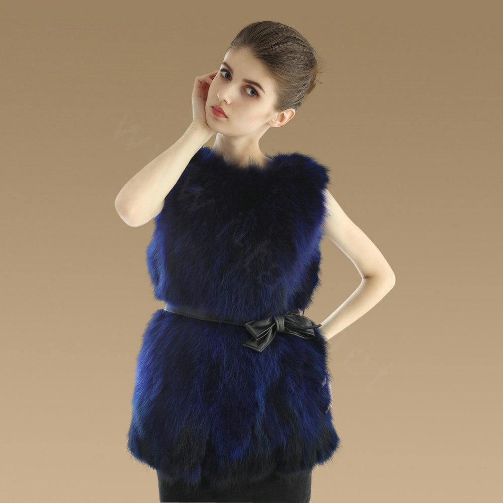 Elegant Genuine Real Raccoon Fur Vest Fashion Women Medium-long With Belt Fur Waistcoat - Blue