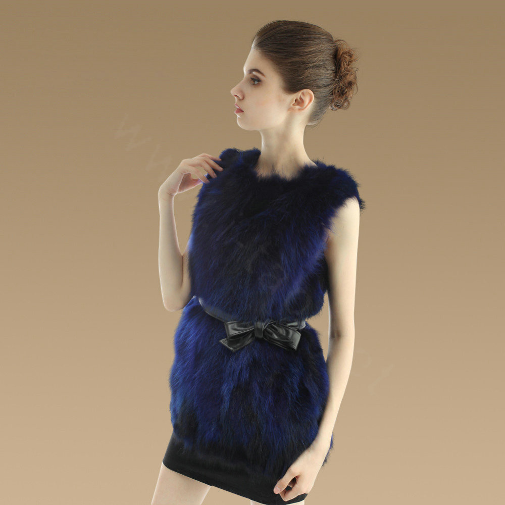 Elegant Genuine Real Raccoon Fur Vest Fashion Women Medium-long With Belt Fur Waistcoat - Blue