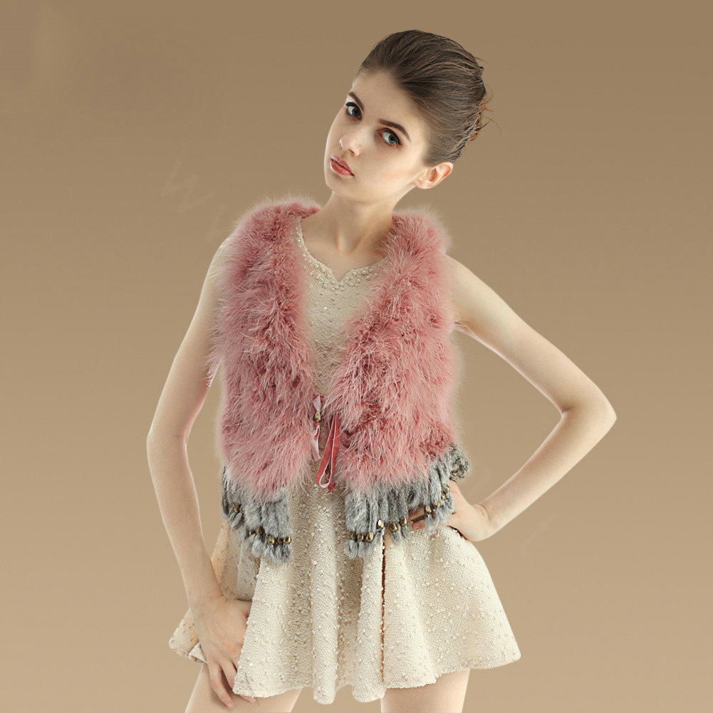 Elegant Nature Turkey Fur Vest With Ostrich Fur Waistcoat Fashion Women Fur Tassels Gilet - Deep Pink