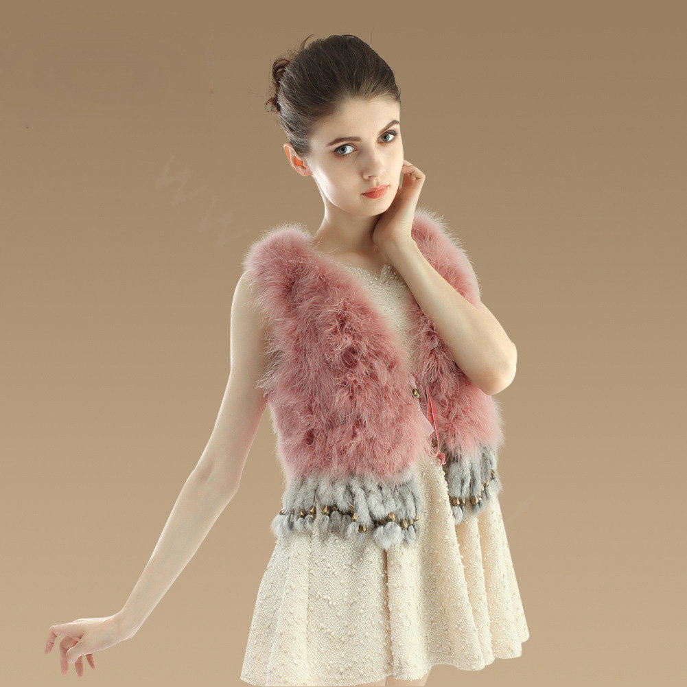 Elegant Nature Turkey Fur Vest With Ostrich Fur Waistcoat Fashion Women Fur Tassels Gilet - Deep Pink