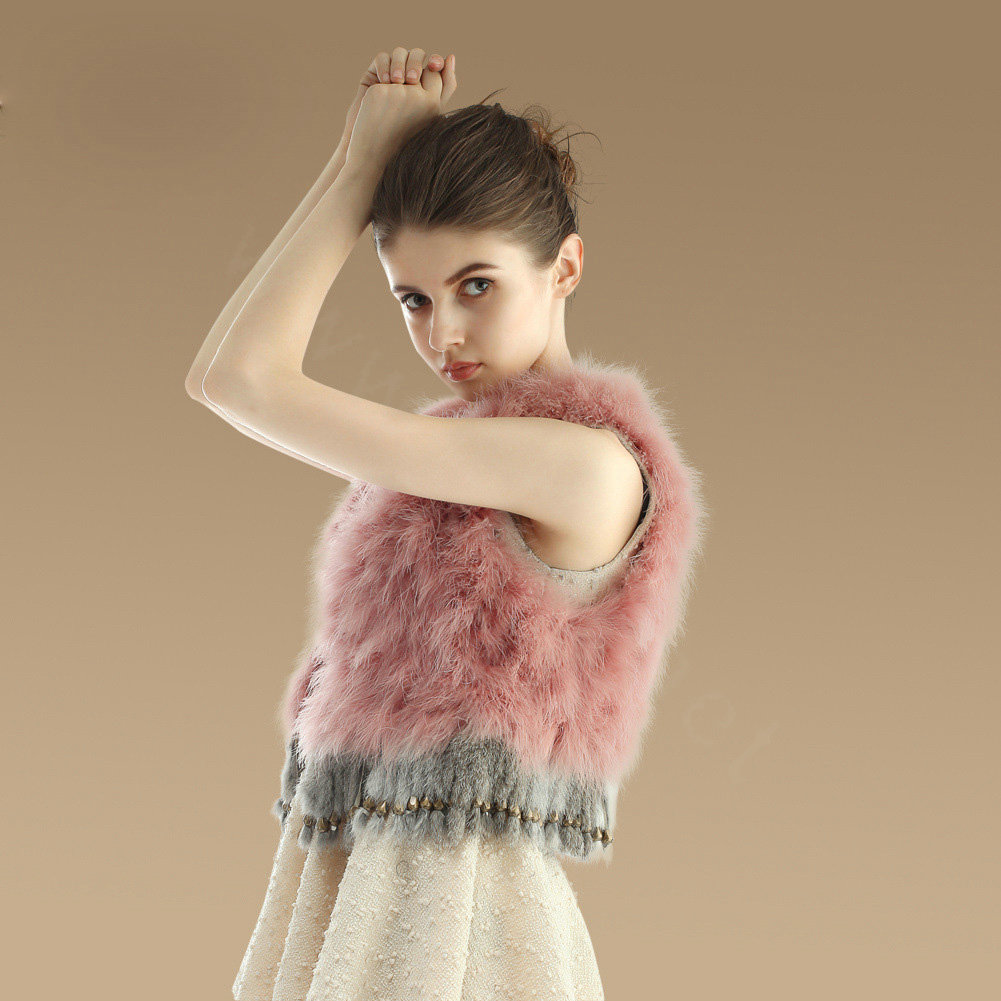 Elegant Nature Turkey Fur Vest With Ostrich Fur Waistcoat Fashion Women Fur Tassels Gilet - Deep Pink