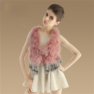 Elegant Nature Turkey Fur Vest With Ostrich Fur Waistcoat Fashion Women Fur Tassels Gilet - Deep Pink
