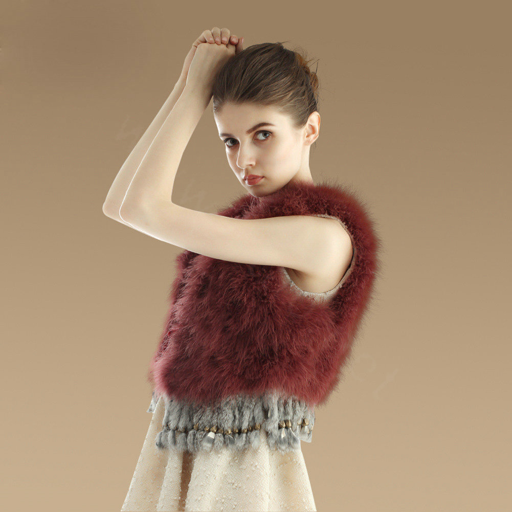 Elegant Nature Turkey Fur Vest With Ostrich Fur Waistcoat Fashion Women Fur Tassels Gilet - Wine Red