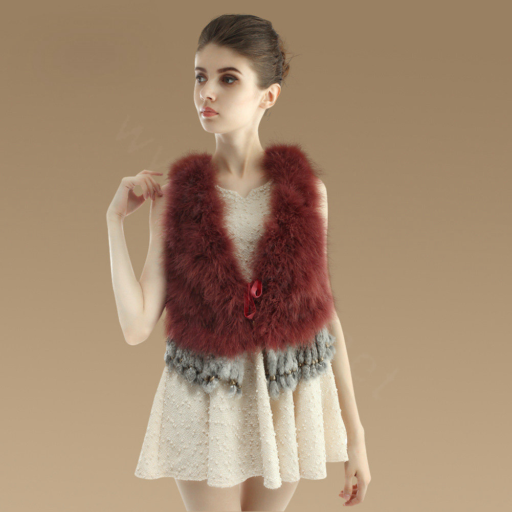 Elegant Nature Turkey Fur Vest With Ostrich Fur Waistcoat Fashion Women Fur Tassels Gilet - Wine Red