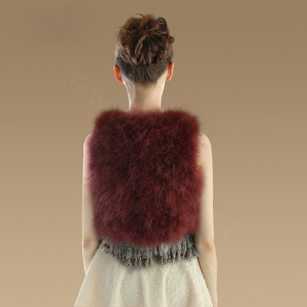 Elegant Nature Turkey Fur Vest With Ostrich Fur Waistcoat Fashion Women Fur Tassels Gilet - Wine Red