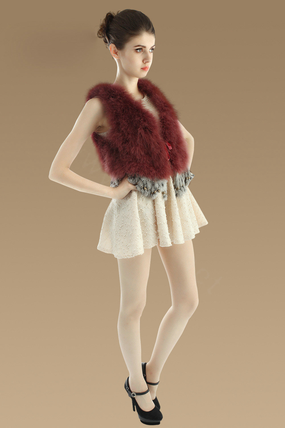Elegant Nature Turkey Fur Vest With Ostrich Fur Waistcoat Fashion Women Fur Tassels Gilet - Wine Red