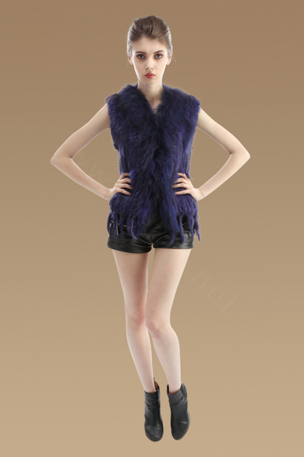 Elegant Real Rabbit Fur Vest Raccoon Fur Collar Women Knitted Winter Warm Fur Gilet -Blue