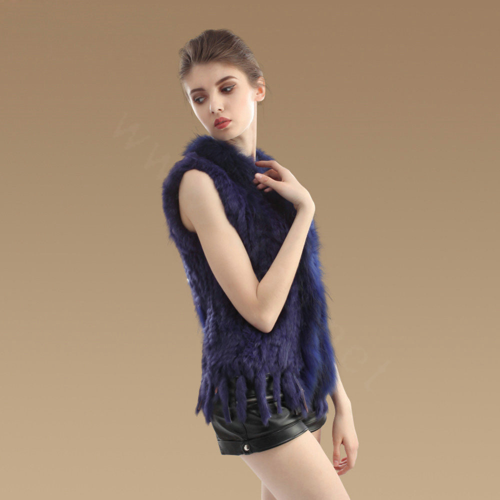 Elegant Real Rabbit Fur Vest Raccoon Fur Collar Women Knitted Winter Warm Fur Gilet -Blue