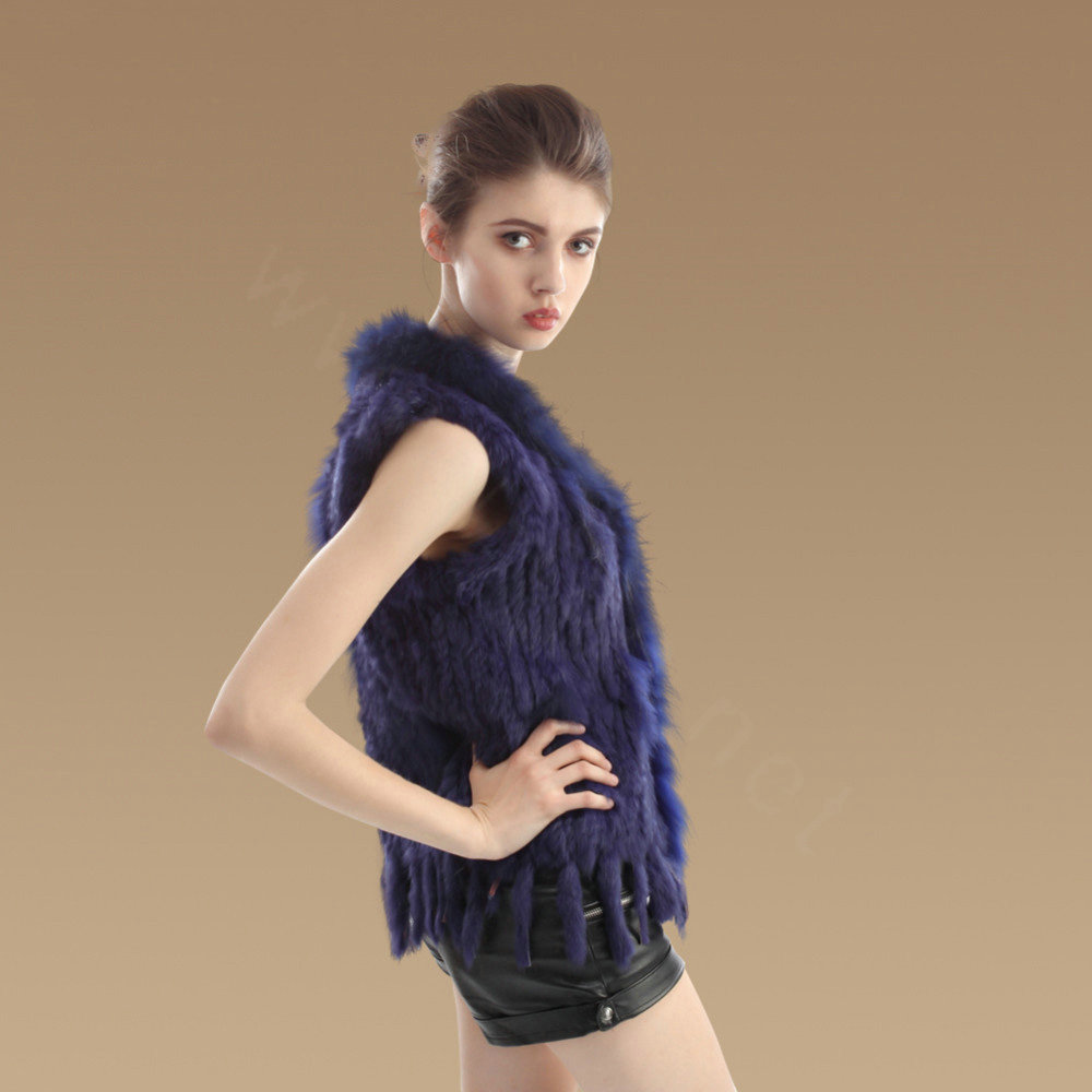 Elegant Real Rabbit Fur Vest Raccoon Fur Collar Women Knitted Winter Warm Fur Gilet -Blue