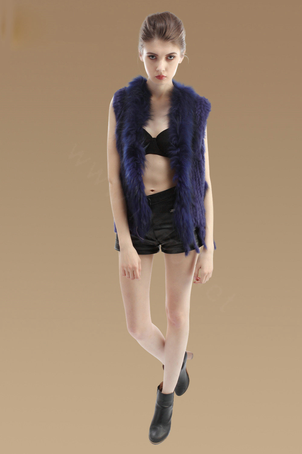 Elegant Real Rabbit Fur Vest Raccoon Fur Collar Women Knitted Winter Warm Fur Gilet -Blue