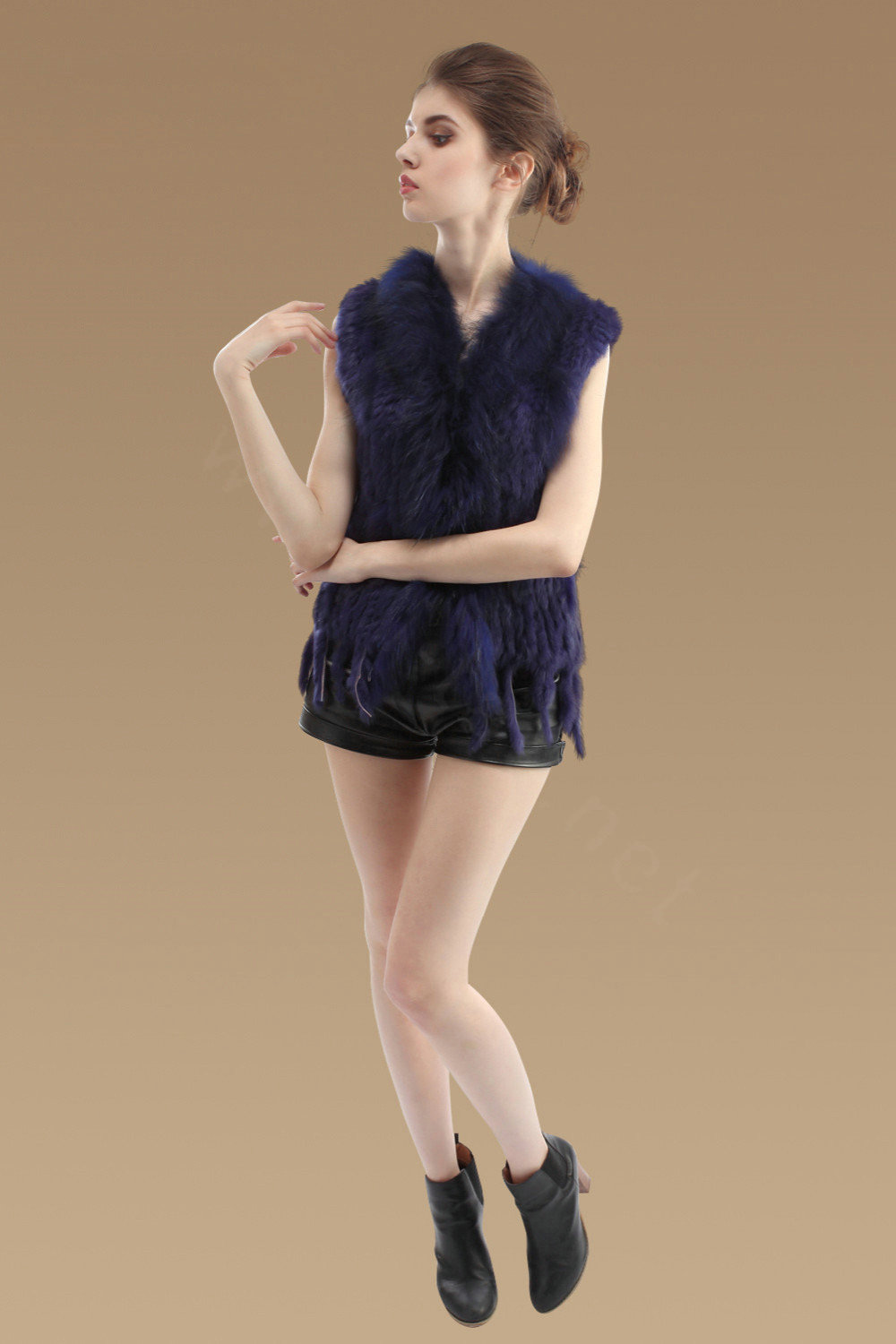 Elegant Real Rabbit Fur Vest Raccoon Fur Collar Women Knitted Winter Warm Fur Gilet -Blue