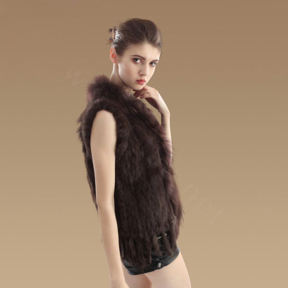 Elegant Real Rabbit Fur Vest Raccoon Fur Collar Women Knitted Winter Warm Fur Gilet -Coffee