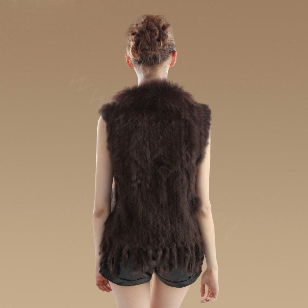 Elegant Real Rabbit Fur Vest Raccoon Fur Collar Women Knitted Winter Warm Fur Gilet -Coffee