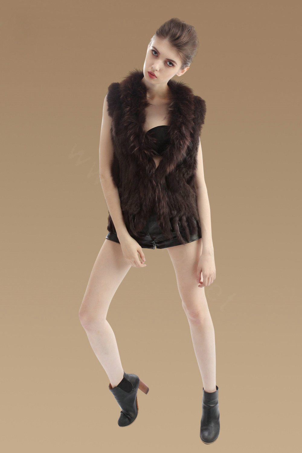 Elegant Real Rabbit Fur Vest Raccoon Fur Collar Women Knitted Winter Warm Fur Gilet -Coffee
