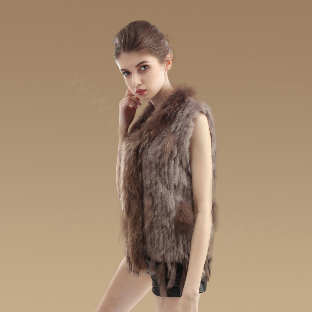 Elegant Real Rabbit Fur Vest Raccoon Fur Collar Women Knitted Winter Warm Fur Gilet - Khaki