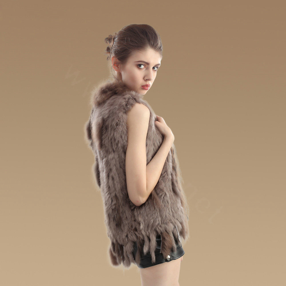 Elegant Real Rabbit Fur Vest Raccoon Fur Collar Women Knitted Winter Warm Fur Gilet - Khaki