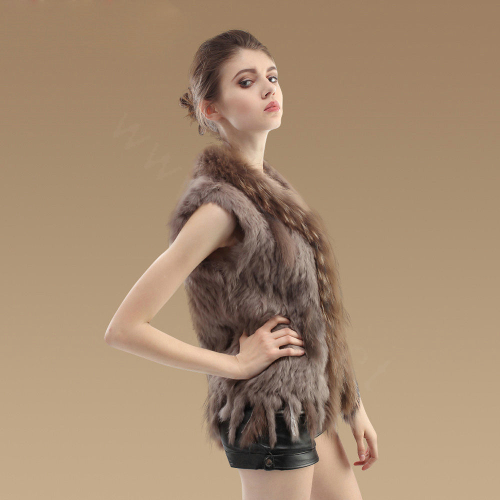 Elegant Real Rabbit Fur Vest Raccoon Fur Collar Women Knitted Winter Warm Fur Gilet - Khaki