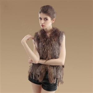 Elegant Real Rabbit Fur Vest Raccoon Fur Collar Women Knitted Winter Warm Fur Gilet - Khaki