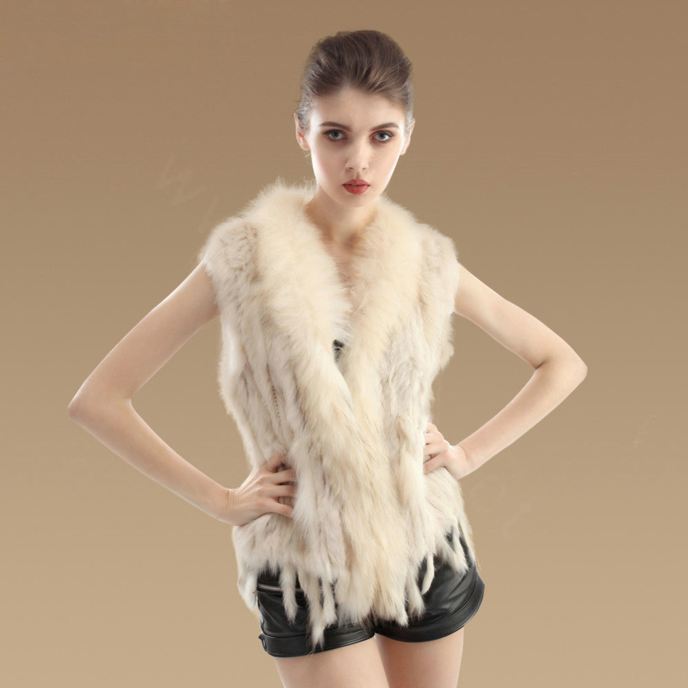 Elegant Real Rabbit Fur Vest Raccoon Fur Collar Women Knitted Winter Warm Fur Waistcoats - Beige