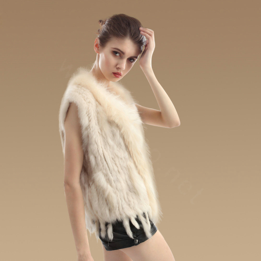 Elegant Real Rabbit Fur Vest Raccoon Fur Collar Women Knitted Winter Warm Fur Waistcoats - Beige
