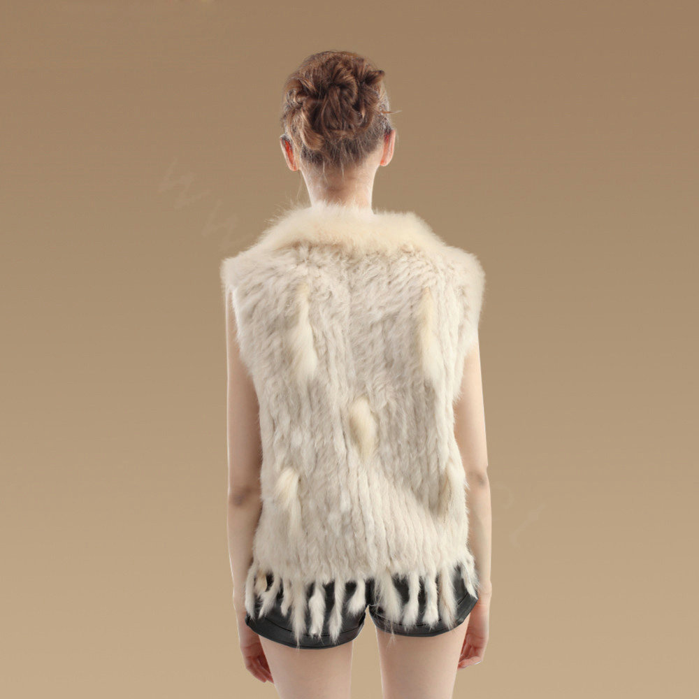 Elegant Real Rabbit Fur Vest Raccoon Fur Collar Women Knitted Winter Warm Fur Waistcoats - Beige