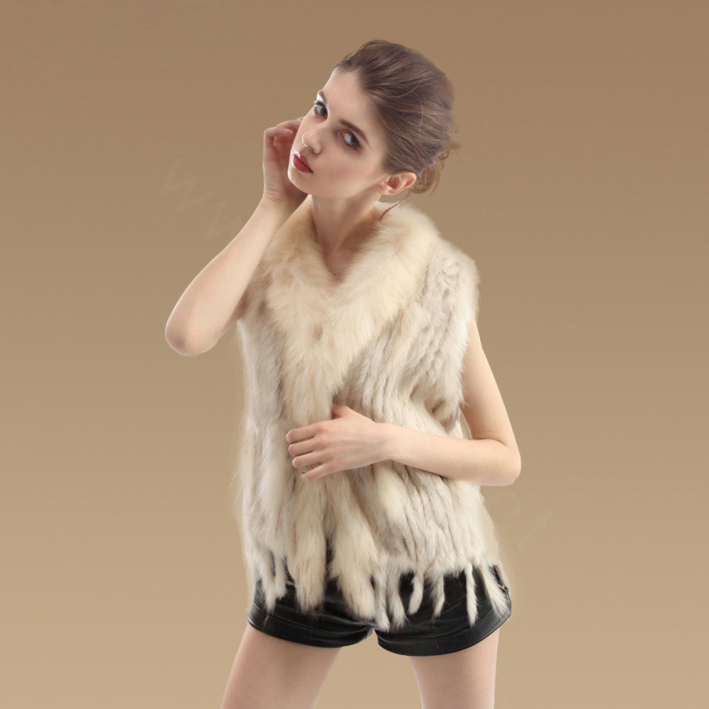 Elegant Real Rabbit Fur Vest Raccoon Fur Collar Women Knitted Winter Warm Fur Waistcoats - Beige