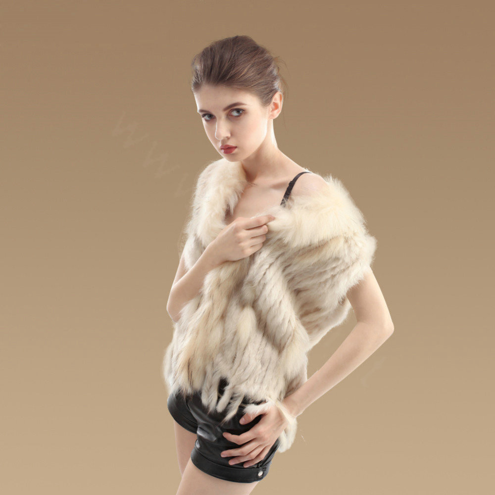 Elegant Real Rabbit Fur Vest Raccoon Fur Collar Women Knitted Winter Warm Fur Waistcoats - Beige