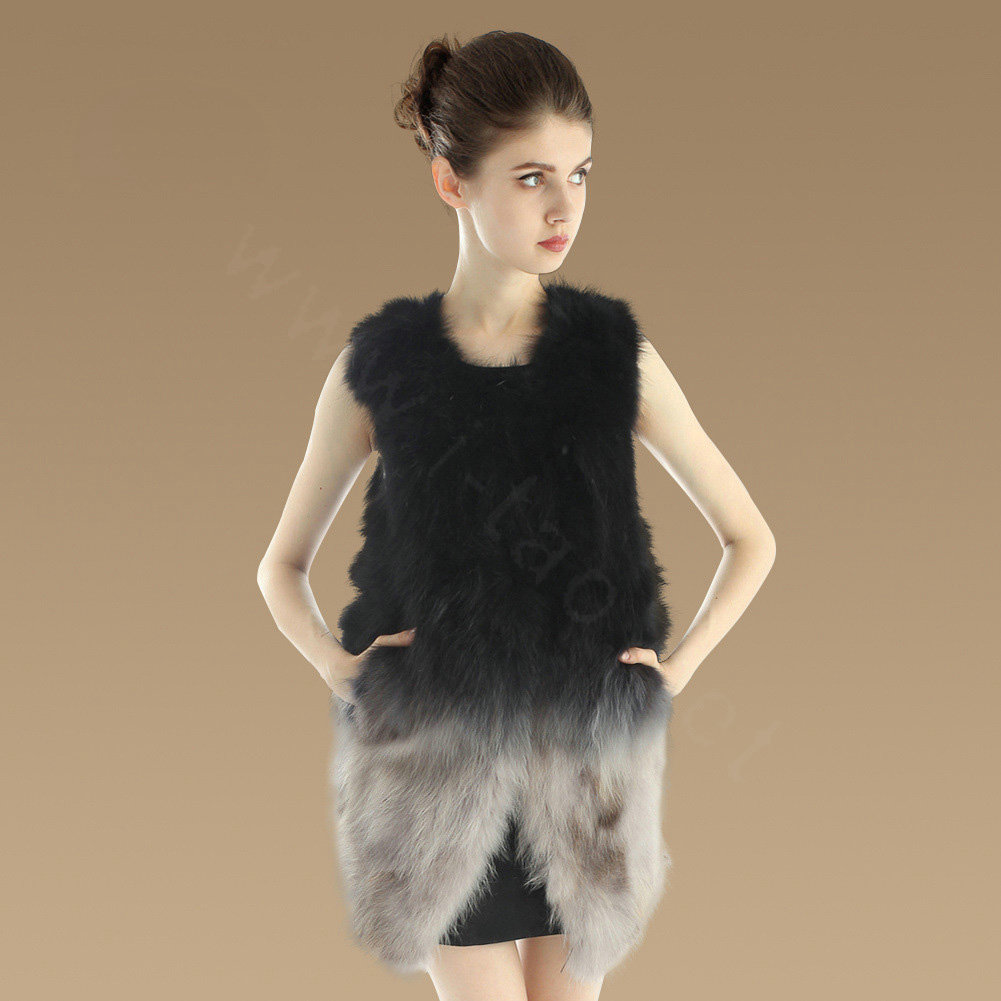 Elegant Unique Genuine Real Raccoon Fur Vest Fashion Women Long Fur Waistcoat - Black Grey