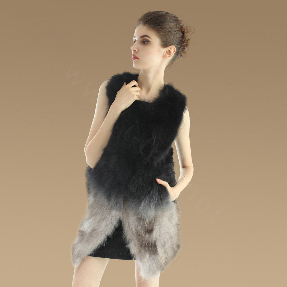 Elegant Unique Genuine Real Raccoon Fur Vest Fashion Women Long Fur Waistcoat - Black Grey