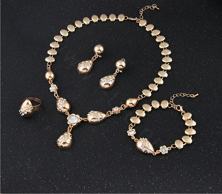 Elegant Wedding Jewelry Sets Gold Plated Bridal Party Crystal Water-drop Necklace Earrings Bracelet Ring 4pcs/set
