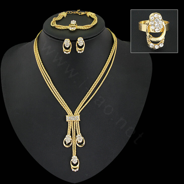 Elegant Wedding Party Jewelry Sets Crystal Gold Plated Bridal Pendant Necklace Earrings Bracelet Ring 4pcs/set