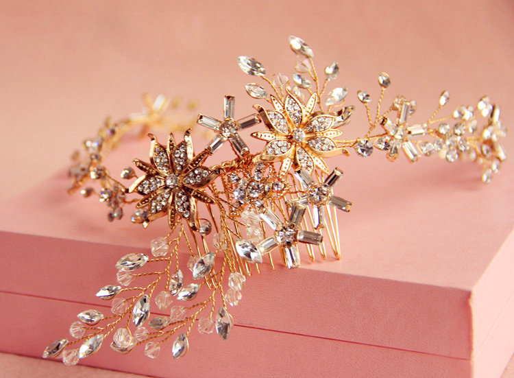 European Baroque Bridal Gold Crystal Flower leaves Wedding Headband Frosted Hair Vine Accessories