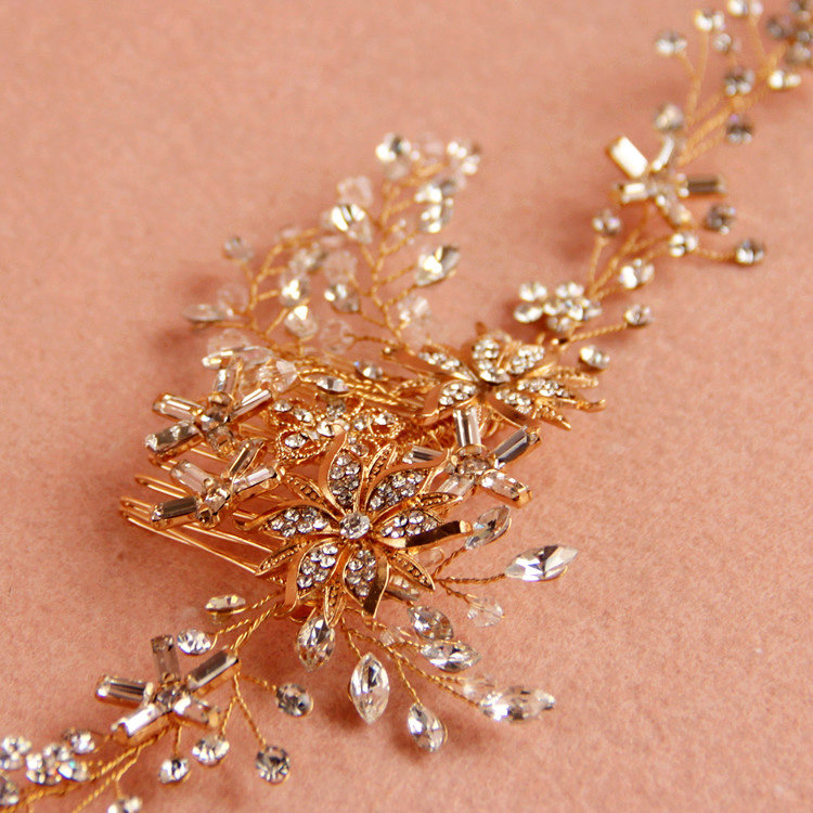 European Baroque Bridal Gold Crystal Flower leaves Wedding Headband Frosted Hair Vine Accessories