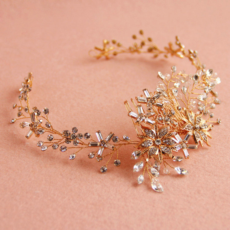 European Baroque Bridal Gold Crystal Flower leaves Wedding Headband Frosted Hair Vine Accessories