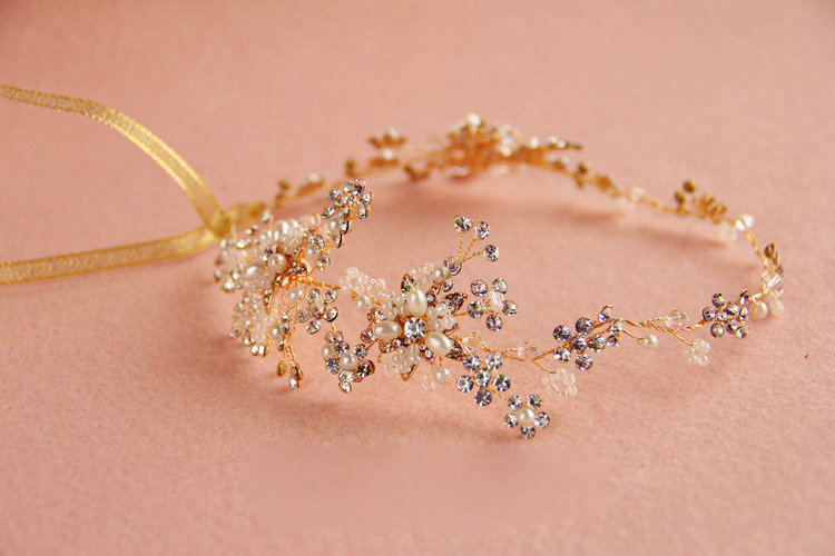 European Bridal Gold Pearl Crystal Flower Wedding Hairbands Women Frosted Hair Vine Accessories