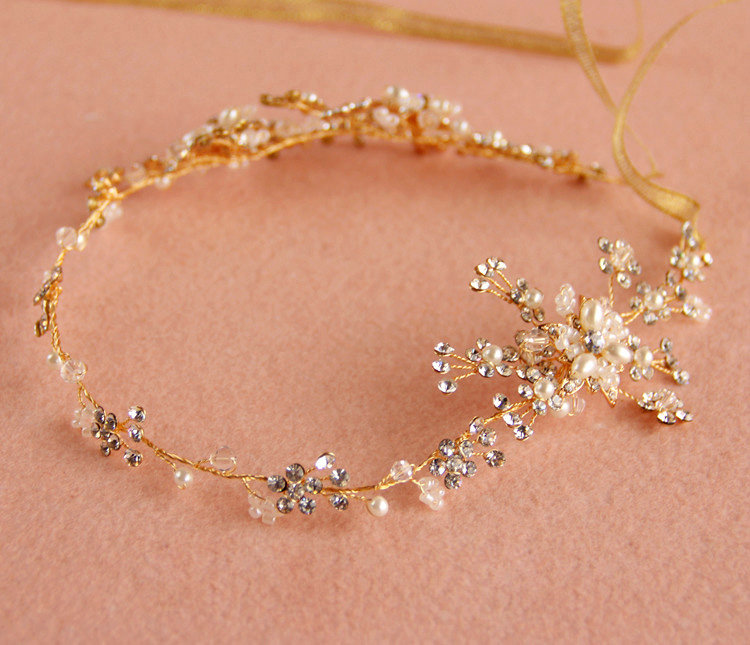 European Bridal Gold Pearl Crystal Flower Wedding Hairbands Women Frosted Hair Vine Accessories