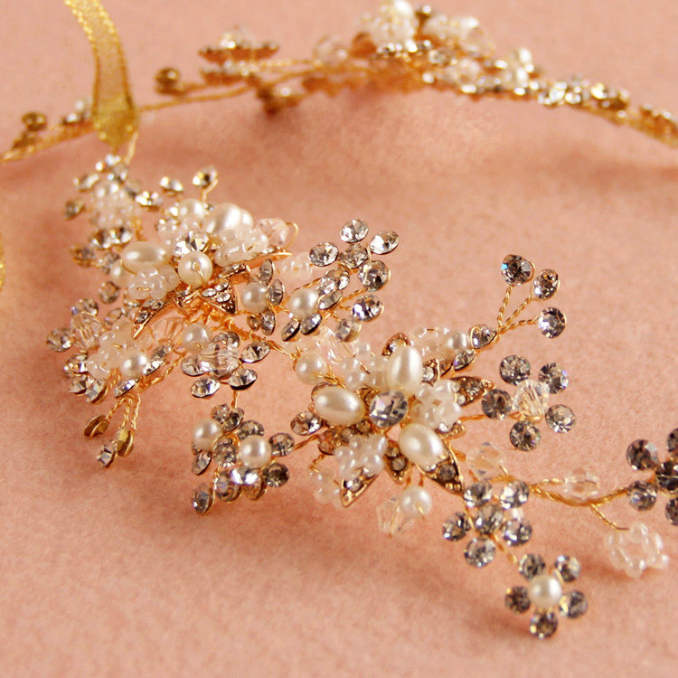 European Bridal Gold Pearl Crystal Flower Wedding Hairbands Women Frosted Hair Vine Accessories