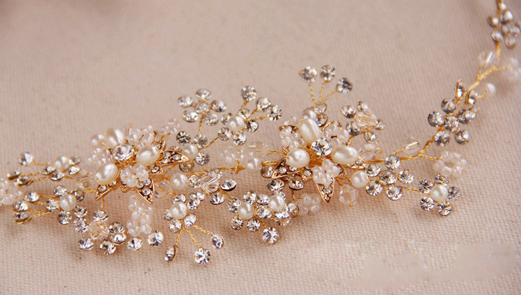 European Bridal Gold Pearl Crystal Flower Wedding Hairbands Women Frosted Hair Vine Accessories