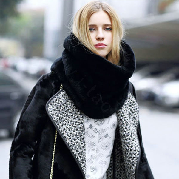 European Fashion Rabbit Fur Large Collar Female Women's Faux Rabbit Fur Scarf Muffler - Black