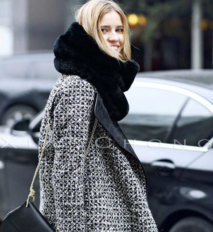 European Fashion Rabbit Fur Large Collar Female Women's Faux Rabbit Fur Scarf Muffler - Black
