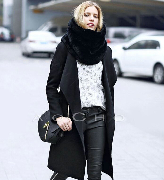 European Fashion Rabbit Fur Large Collar Female Women's Faux Rabbit Fur Scarf Muffler - Black